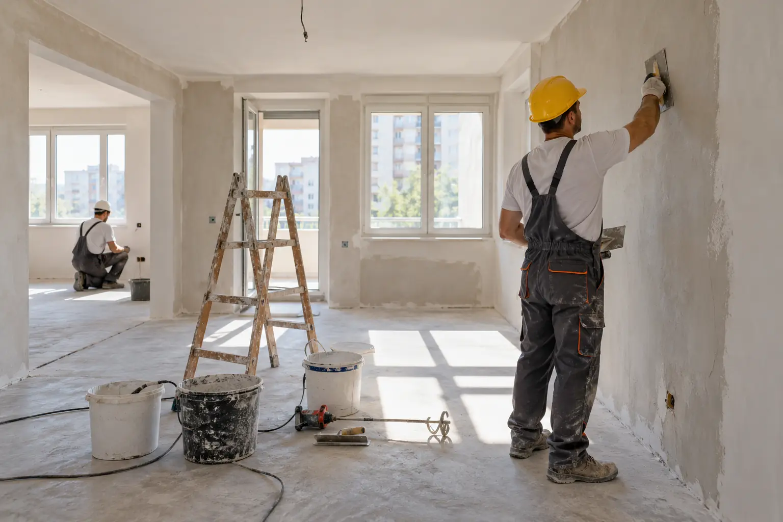 Worker plastering the walls of a flat being renovated