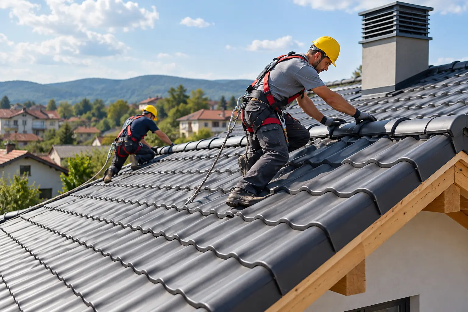Roofers in safety harnesses laying a tiled roof