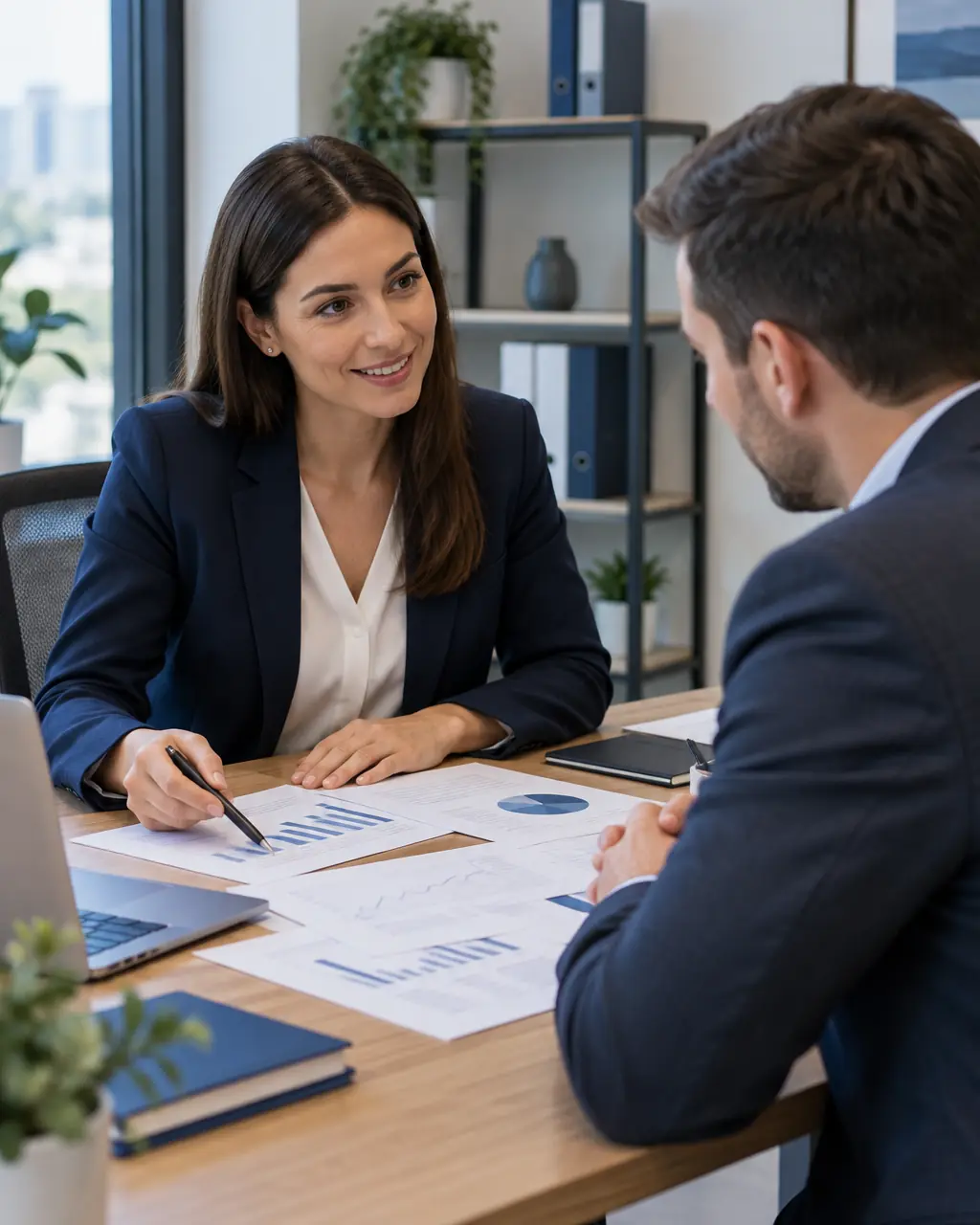 Accountant talking to a client at a desk with documents