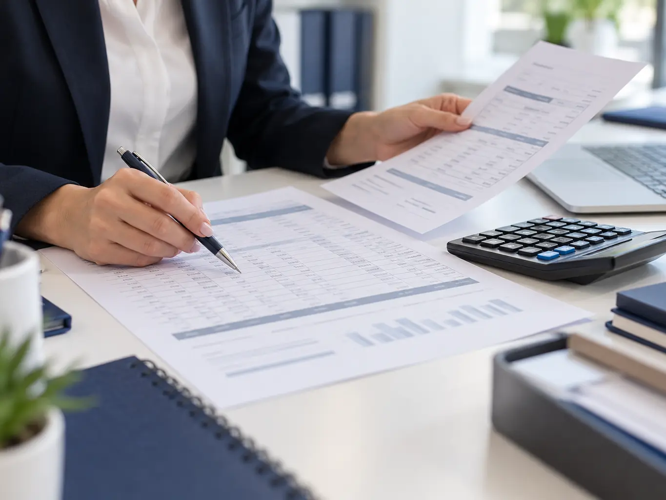 Hands checking invoices next to a desk calculator