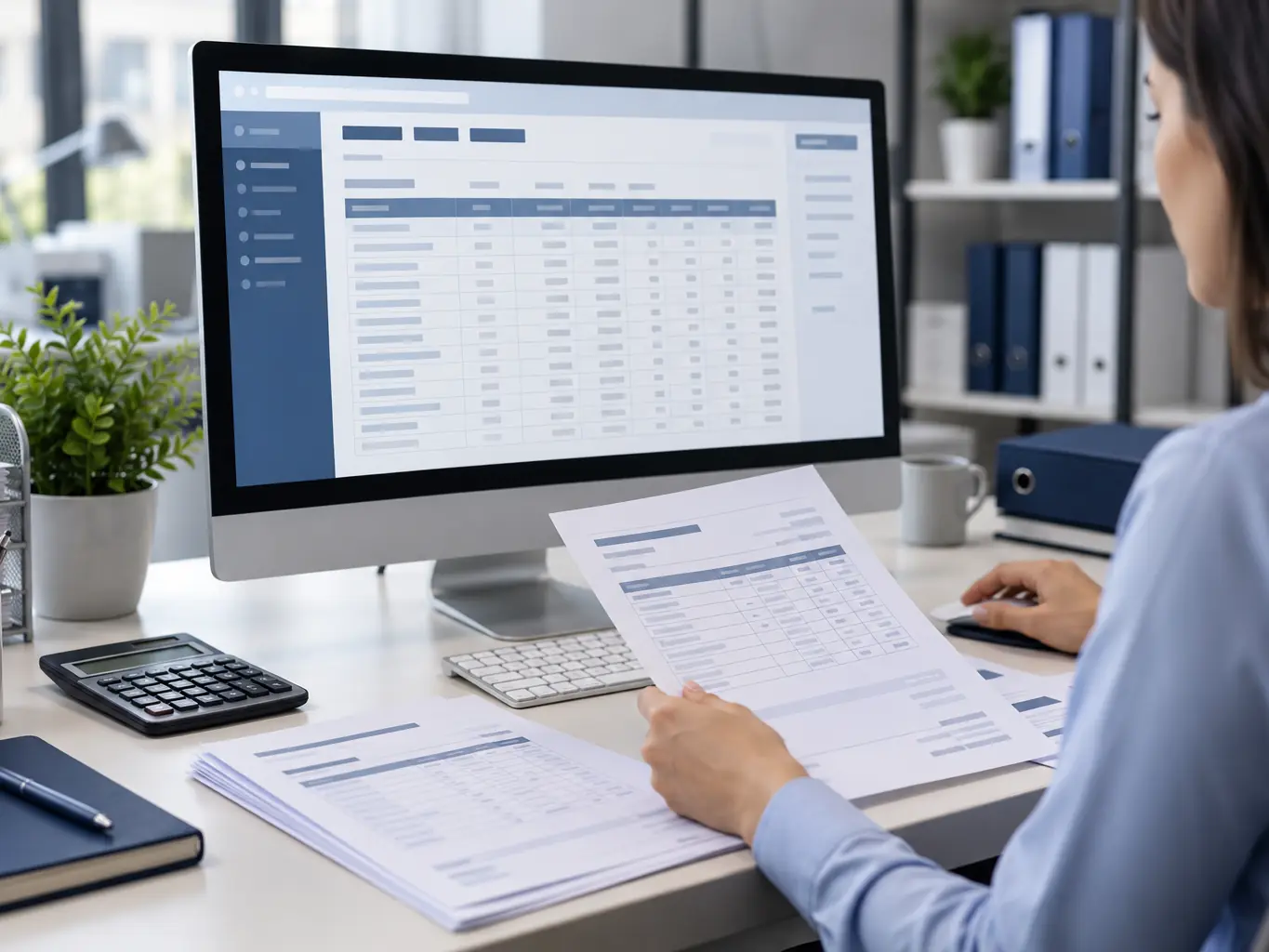 Calculating payroll on a computer with a printed payslip