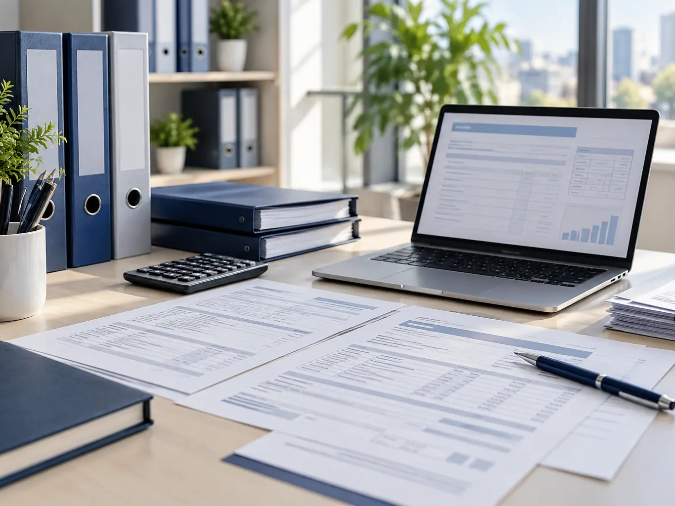 Laptop with reports and neatly arranged files on a desk