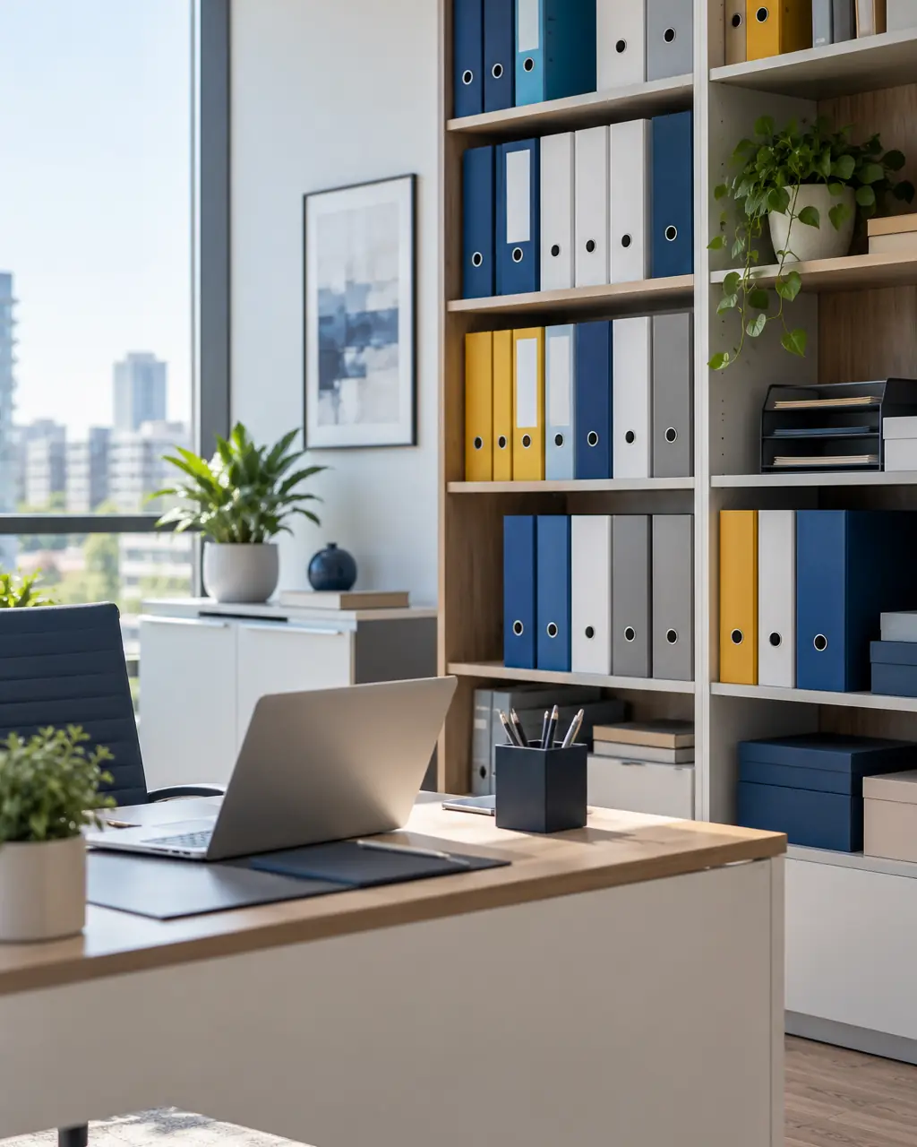 Tidy office with shelves of coloured files