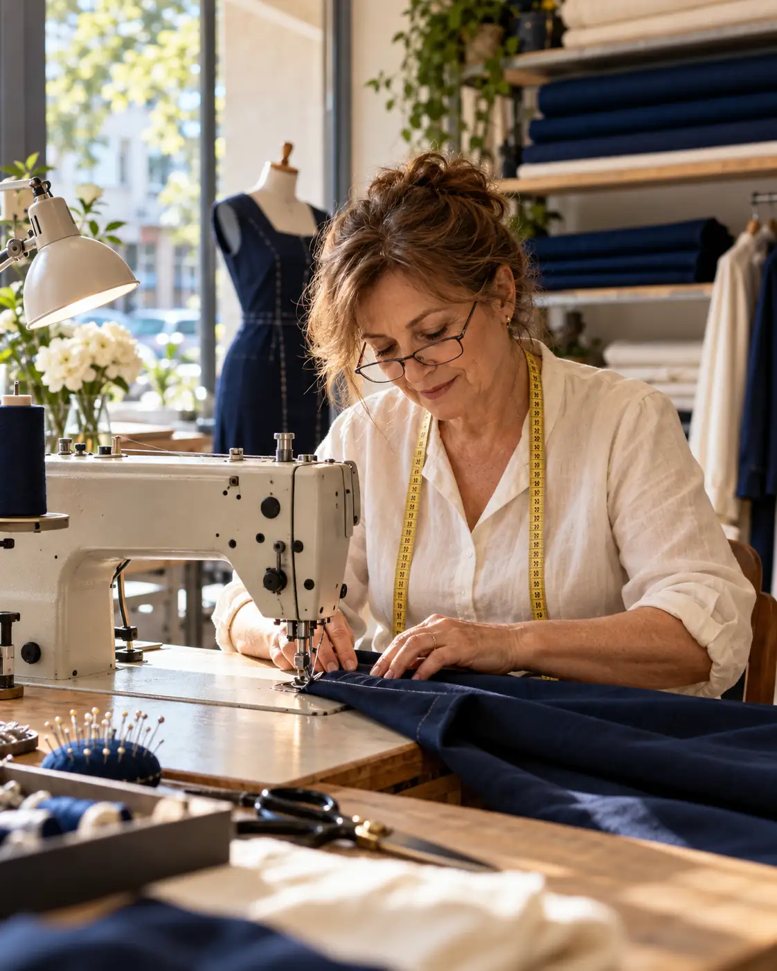 Croitoreasa la mașina de cusut, în atelier