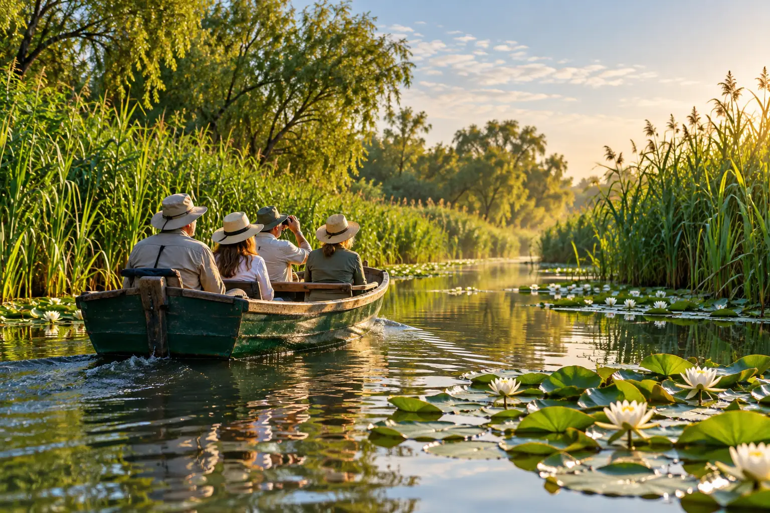 Barcă cu turiști pe un canal, printre nuferi
