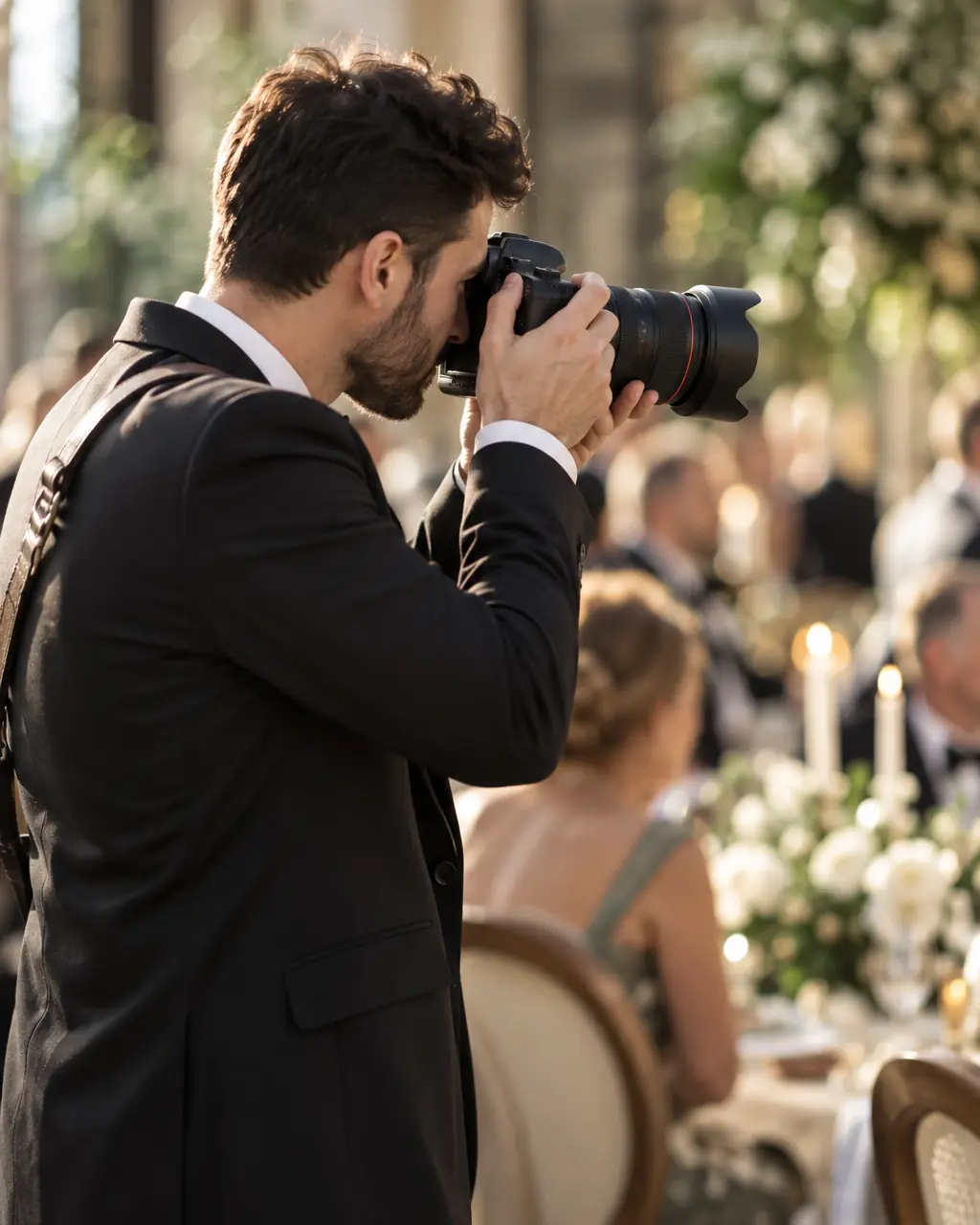 Fotograf care fotografiază invitații la o nuntă