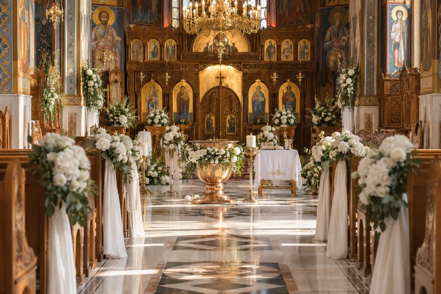 Biserică decorată cu flori albe pentru botez