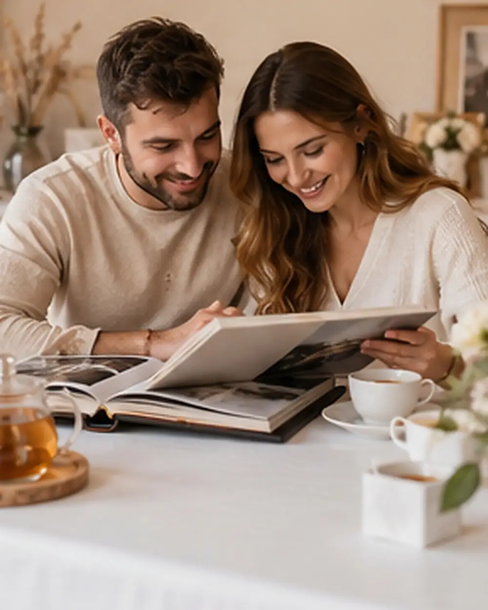A couple looking through their wedding album