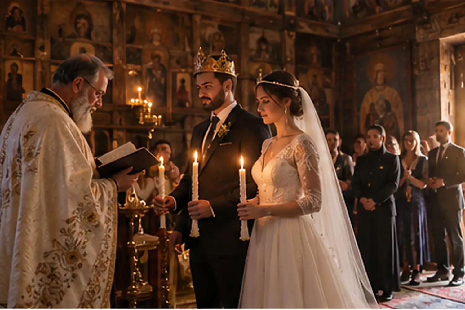 The wedding ceremony in a wooden church, with the couple before the altar