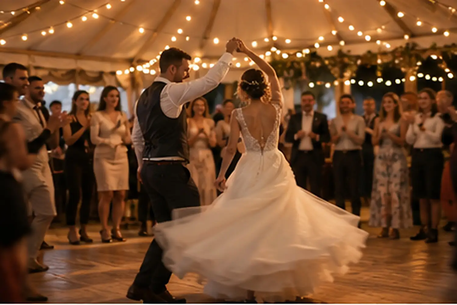 The couple’s first dance in the reception hall