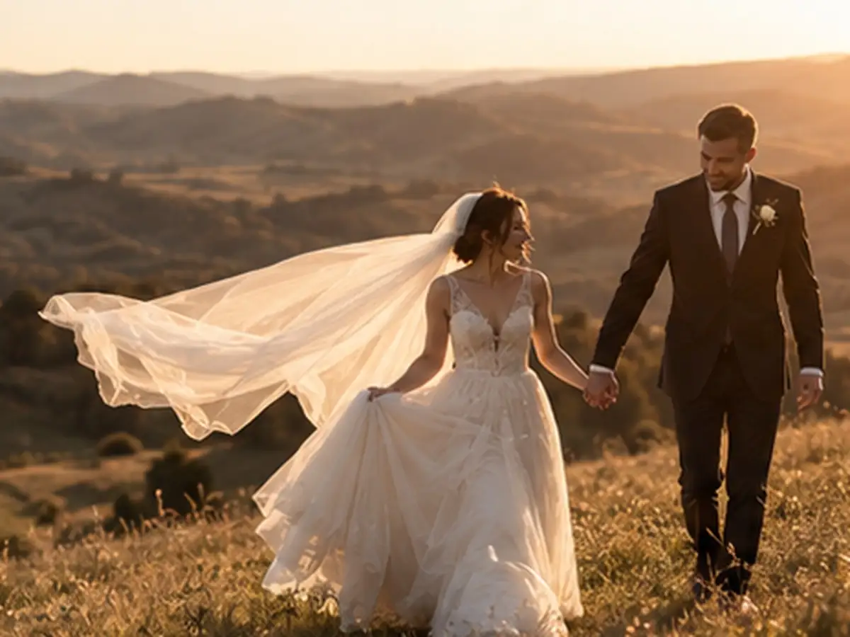 A couple’s photo session outdoors, at sunset