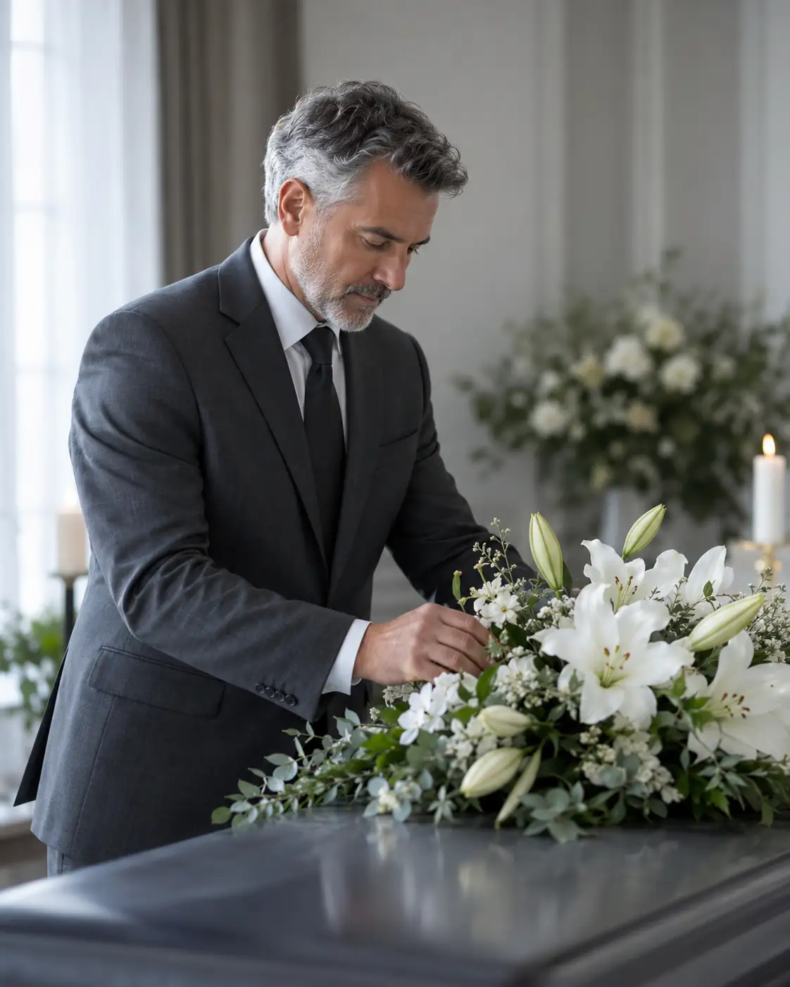 An adviser arranging white lilies for the ceremony