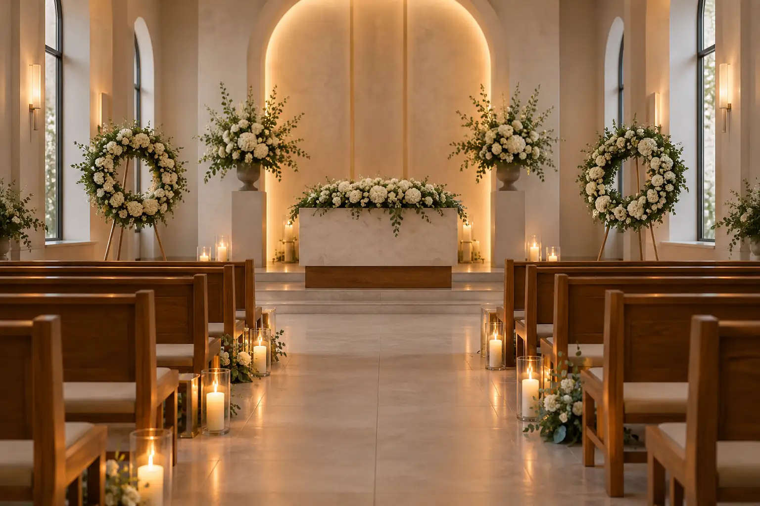 The chapel, with rows of chairs and white flowers, ready for the ceremony