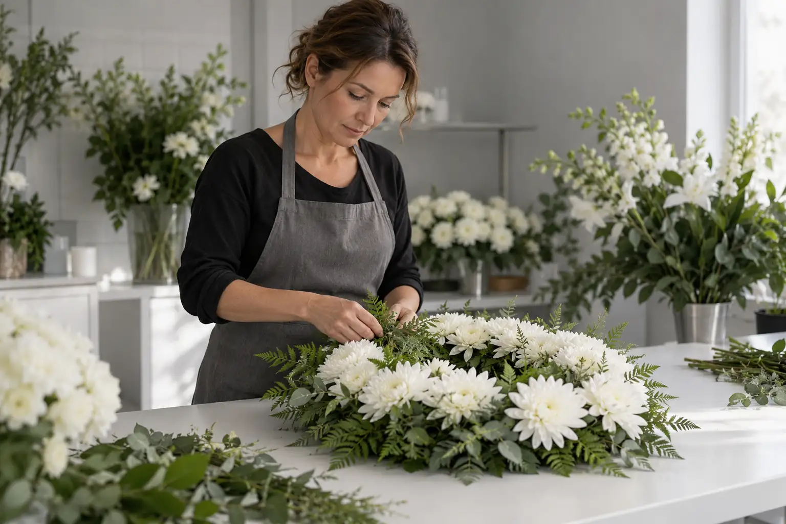 The florist preparing a white wreath