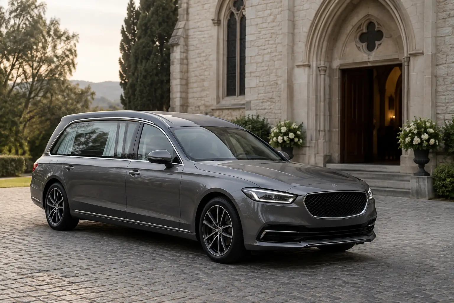 The dark grey funeral car in front of the stone chapel