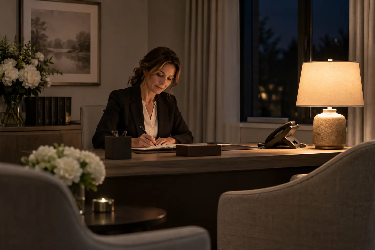 The on-duty consultant at the office, in the evening