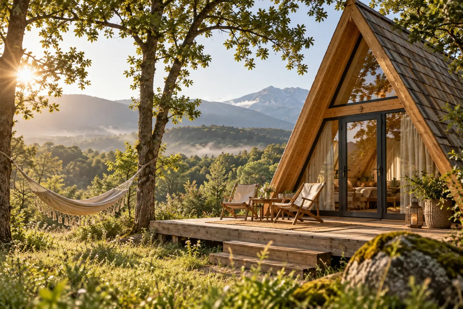 The A-frame wooden cabin, with a deck and a hammock, among the trees