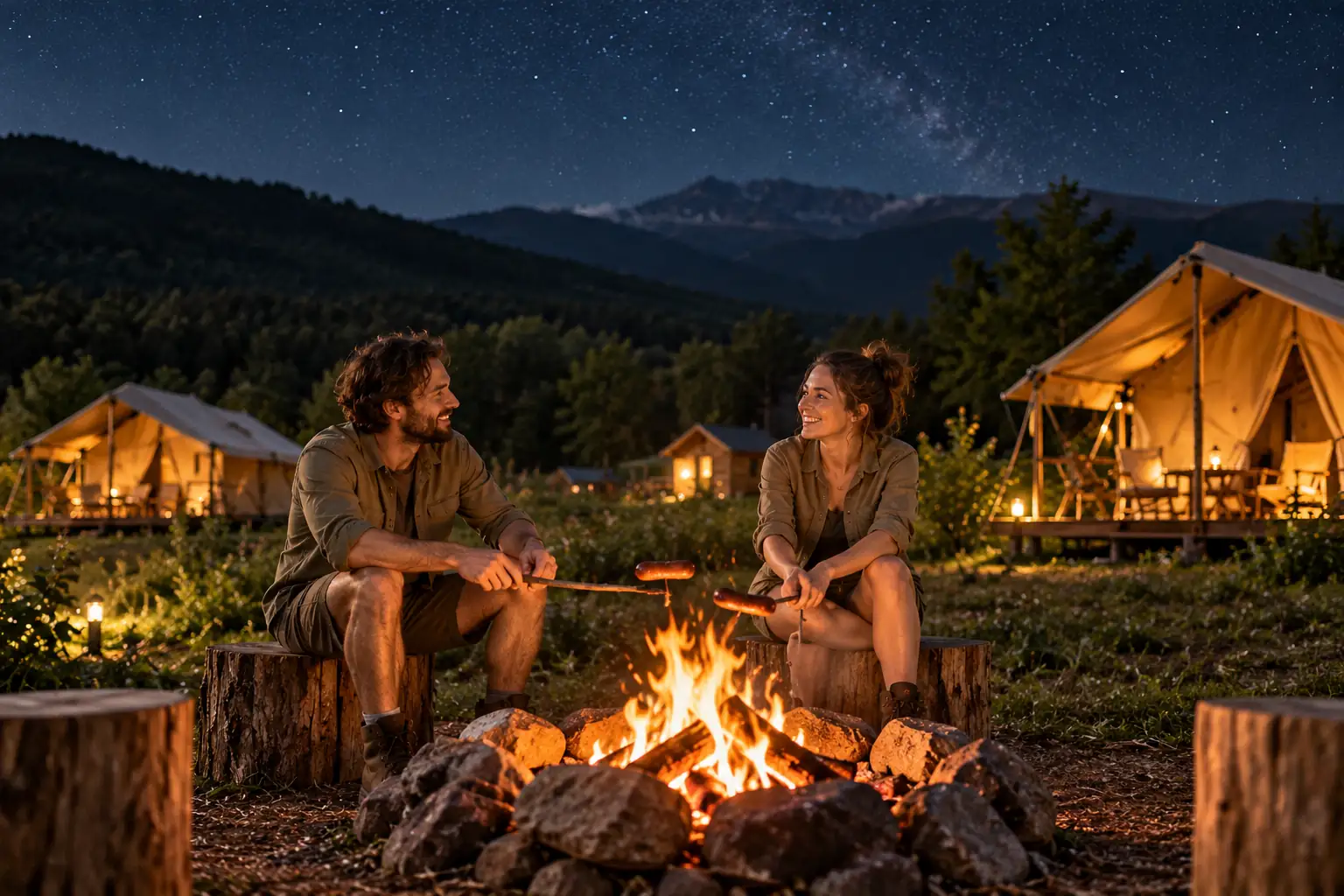 Two guests by the fire in the evening, with the lit tents in the background