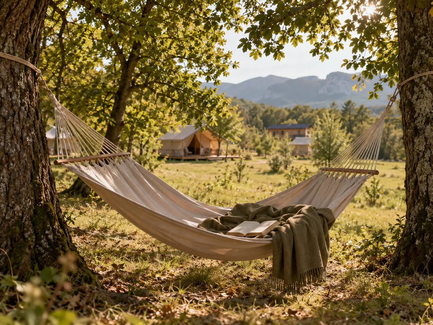 A hammock between two walnut trees, with the tents in the distance