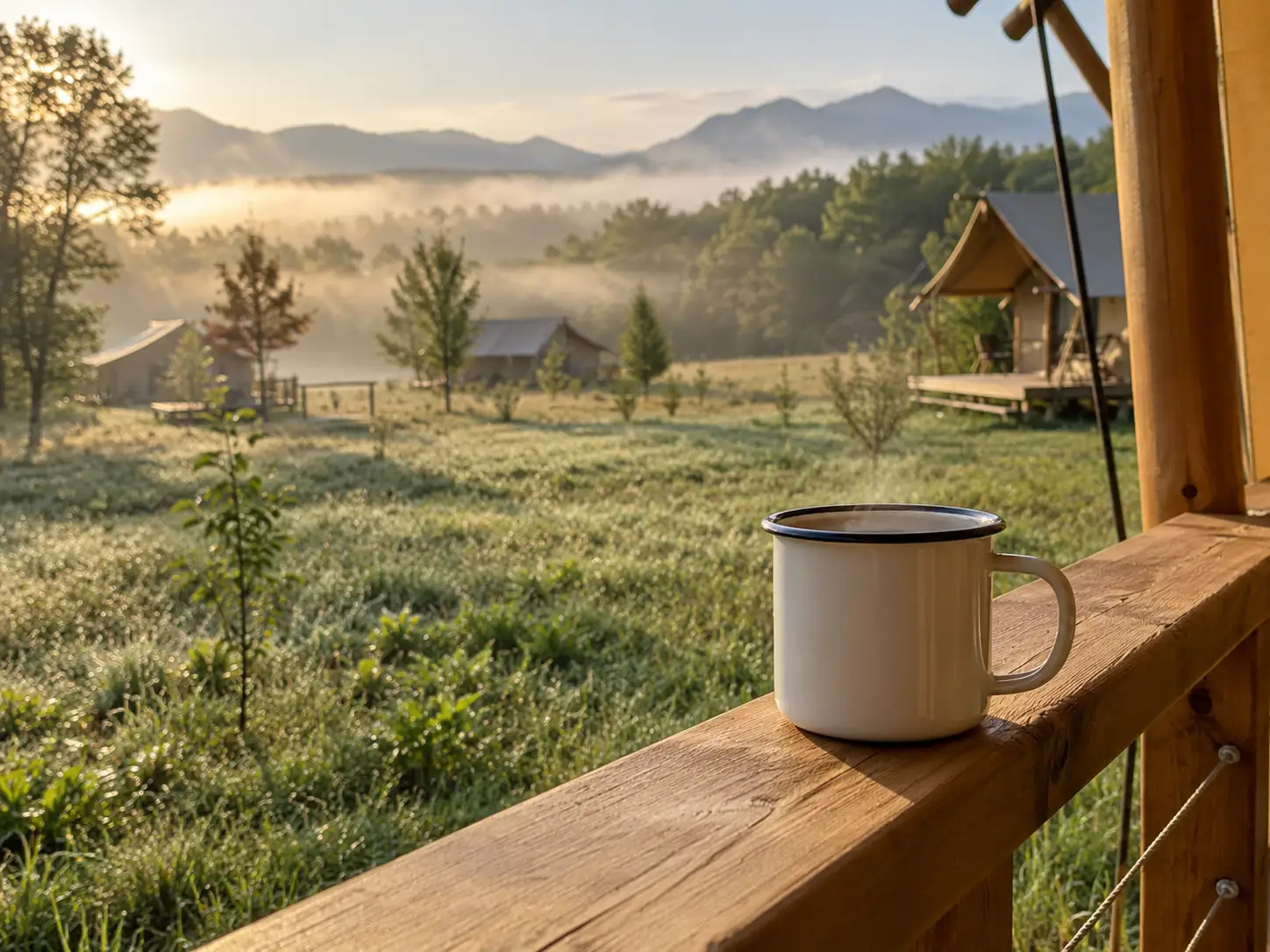 A coffee mug on the tent railing in the morning, with mist on the meadow