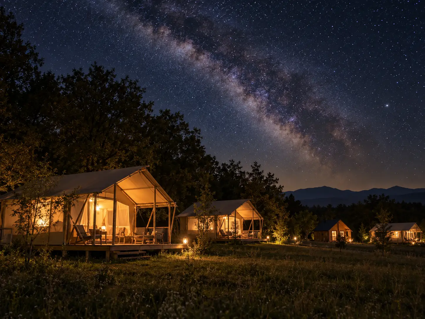 The Milky Way above the lit tents