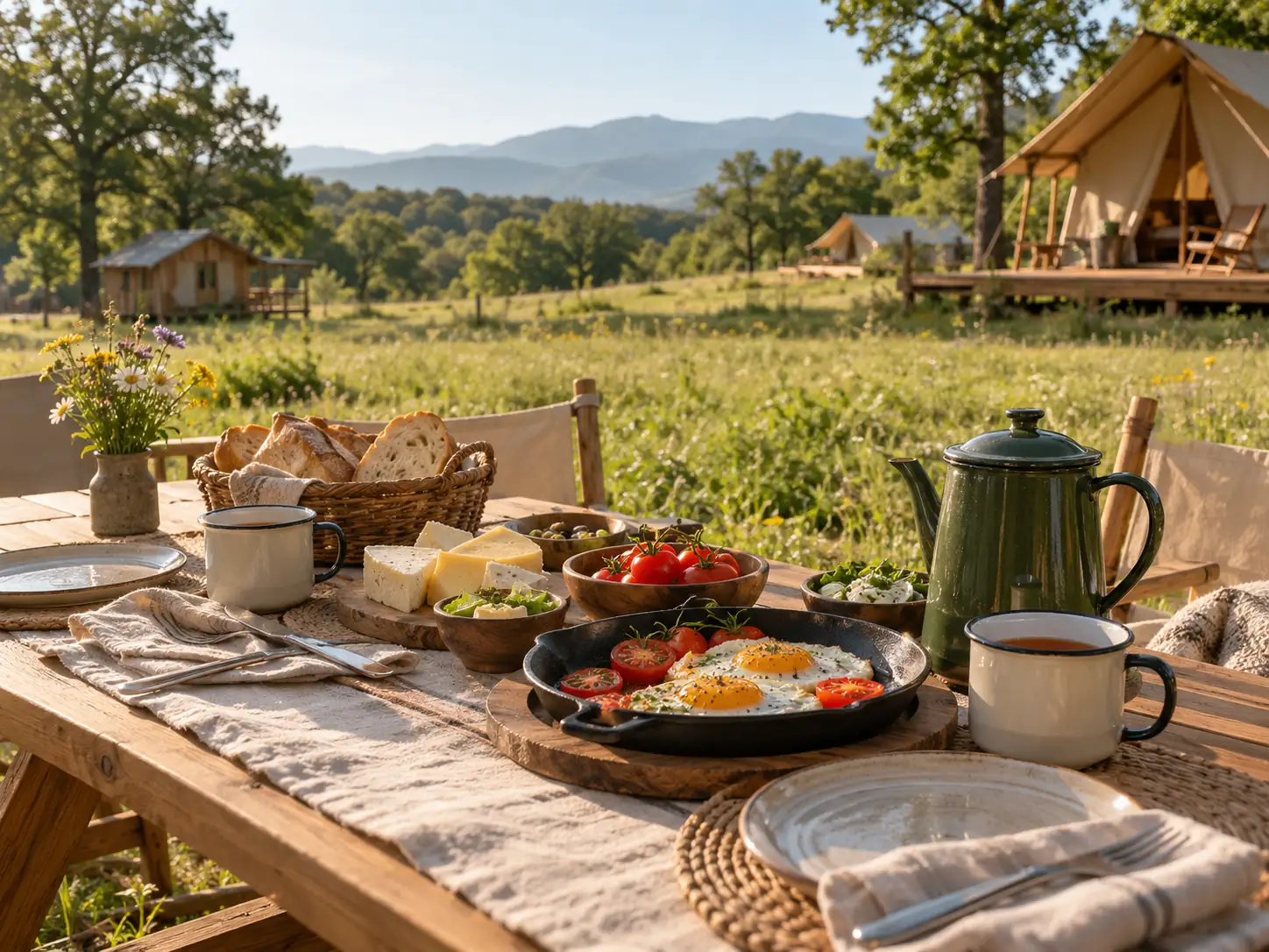 Breakfast on the wooden table outside the tent
