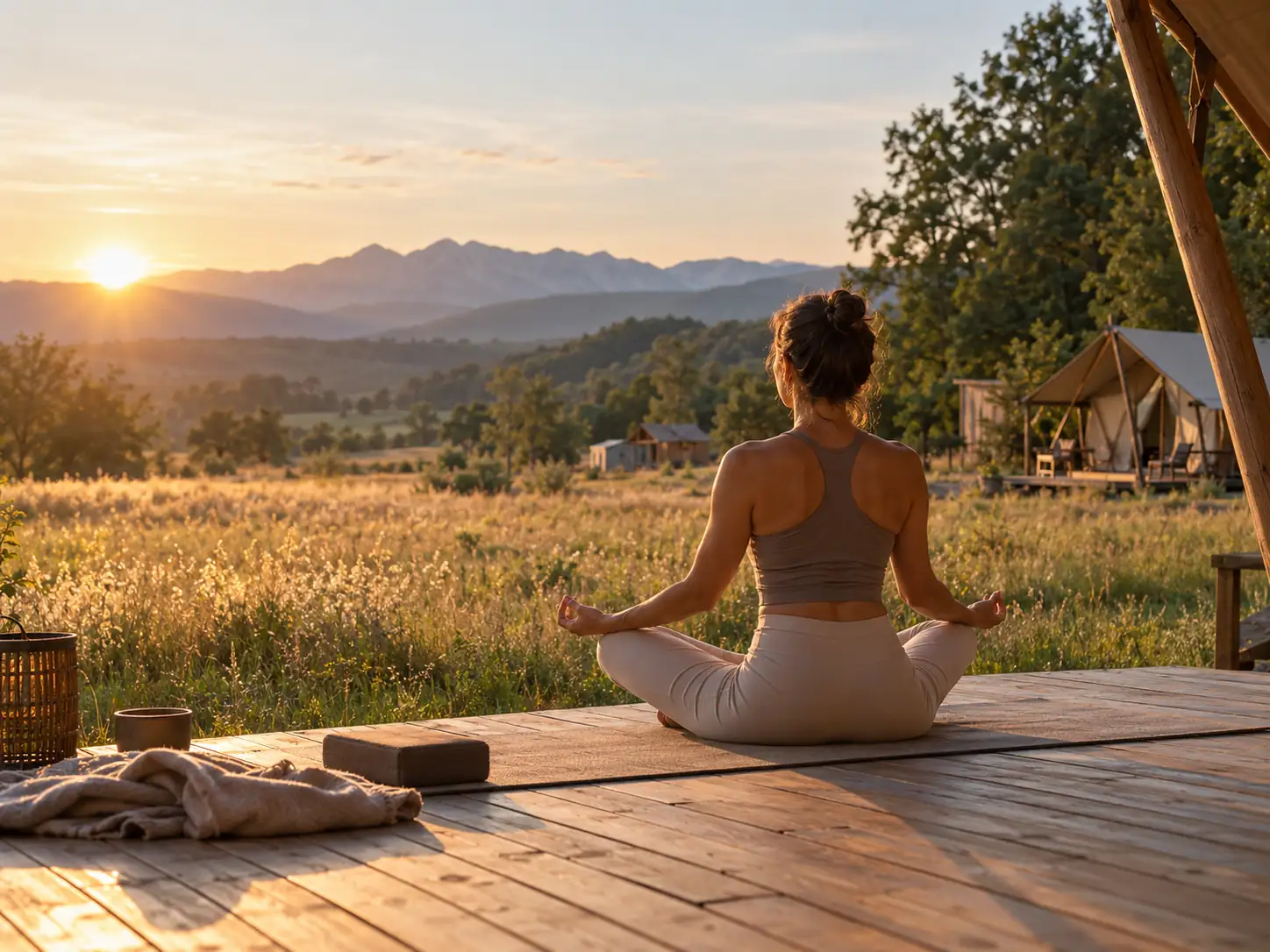 A woman doing yoga on the wooden platform at sunset