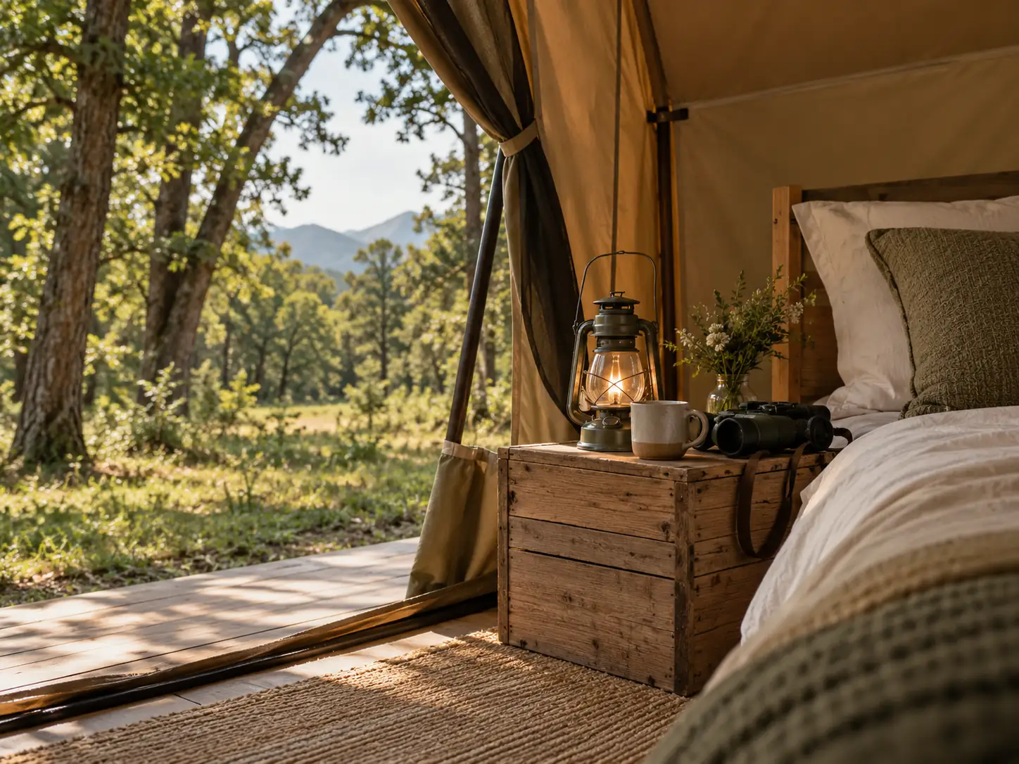The meadow seen from the tent, next to the bed and a lantern