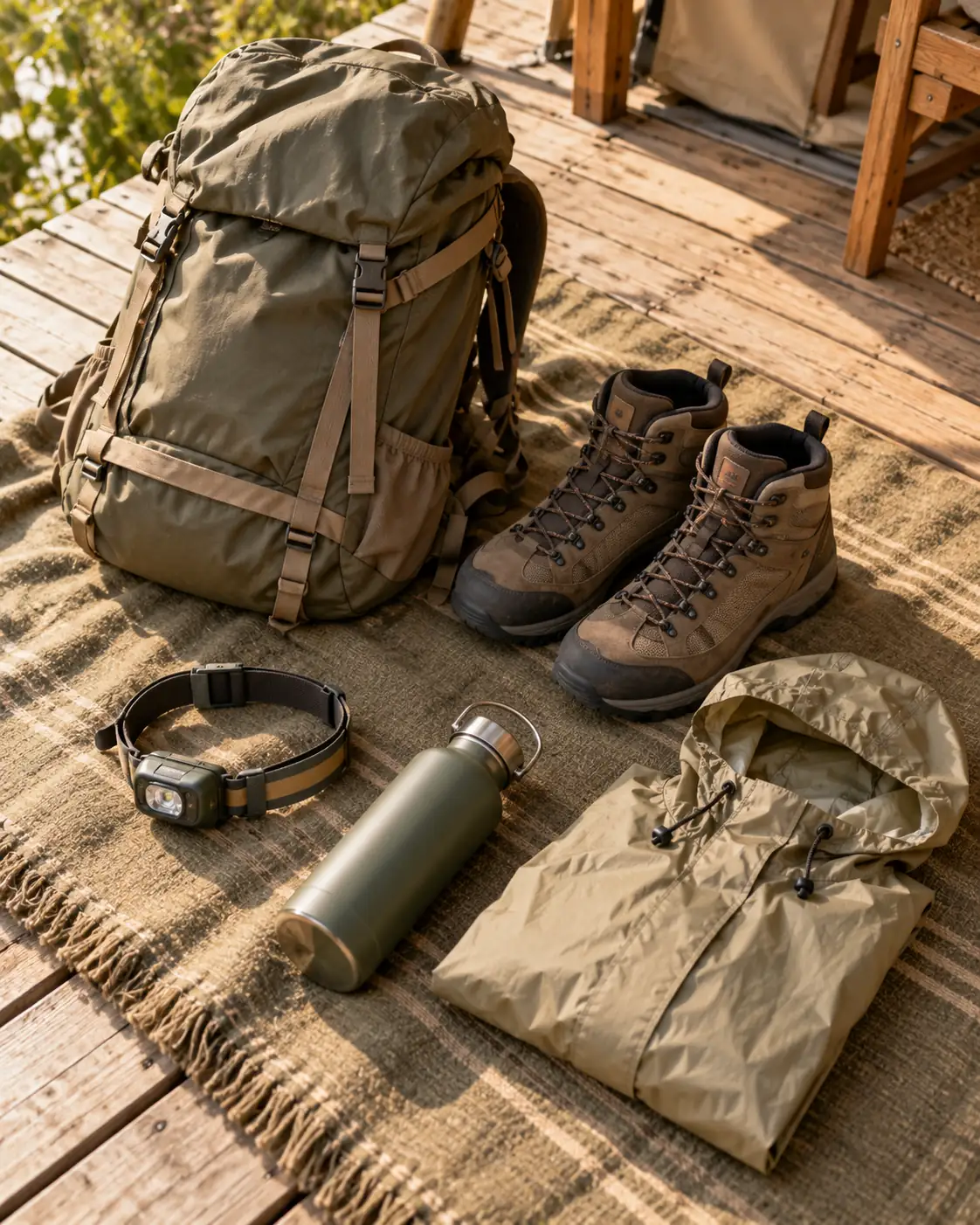 A backpack, hiking boots, a head torch, a water bottle and a rain jacket on a blanket
