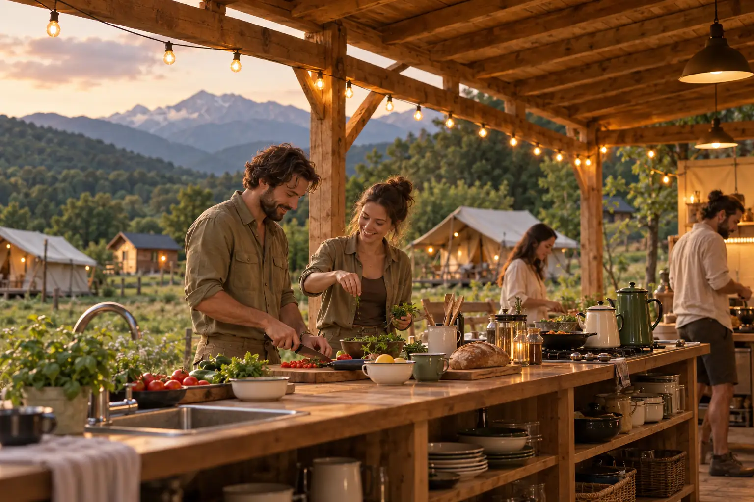 Guests cooking in the summer kitchen, under a wooden roof