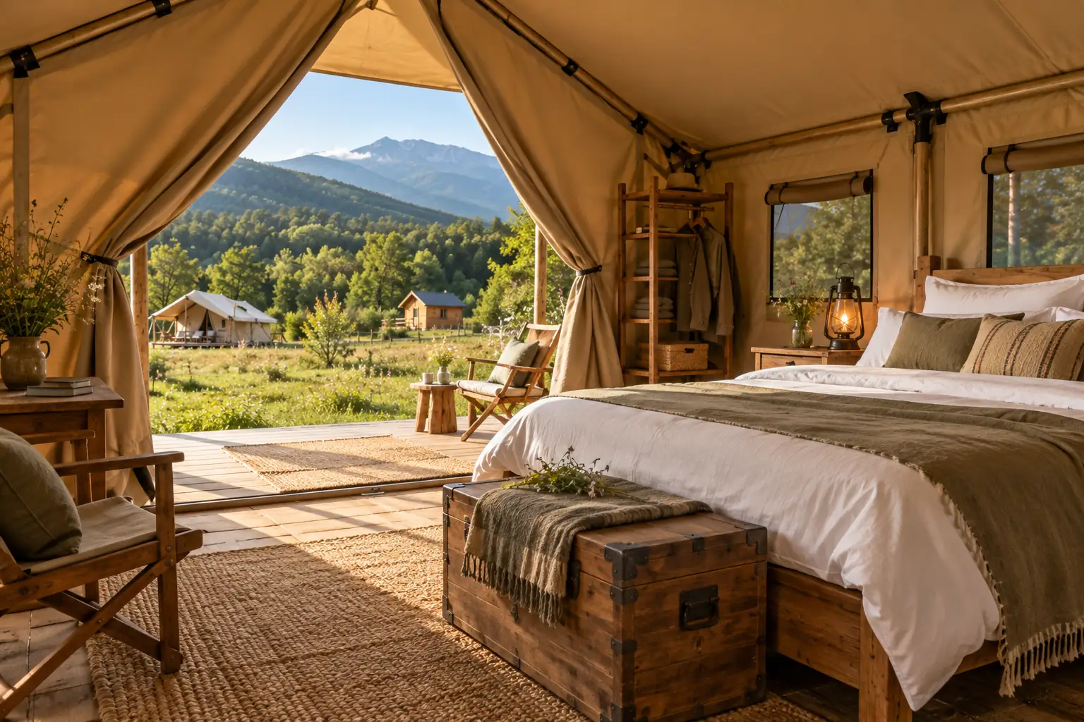 Inside the safari tent, with a double bed and a wooden chest, open to the meadow