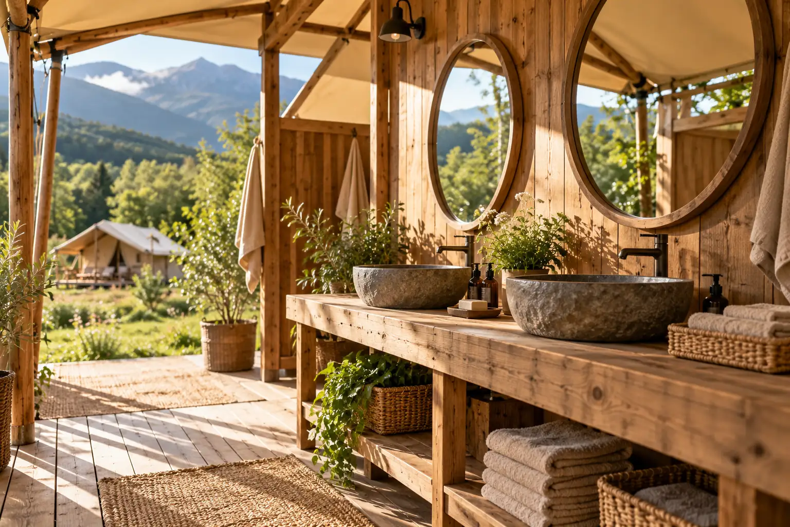 The shared bathrooms, with stone basins on a wooden counter and round mirrors