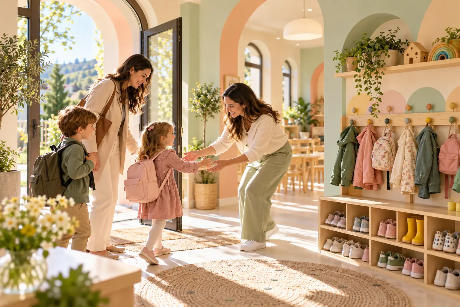 Educatoarele primesc copiii dimineața, la vestiar