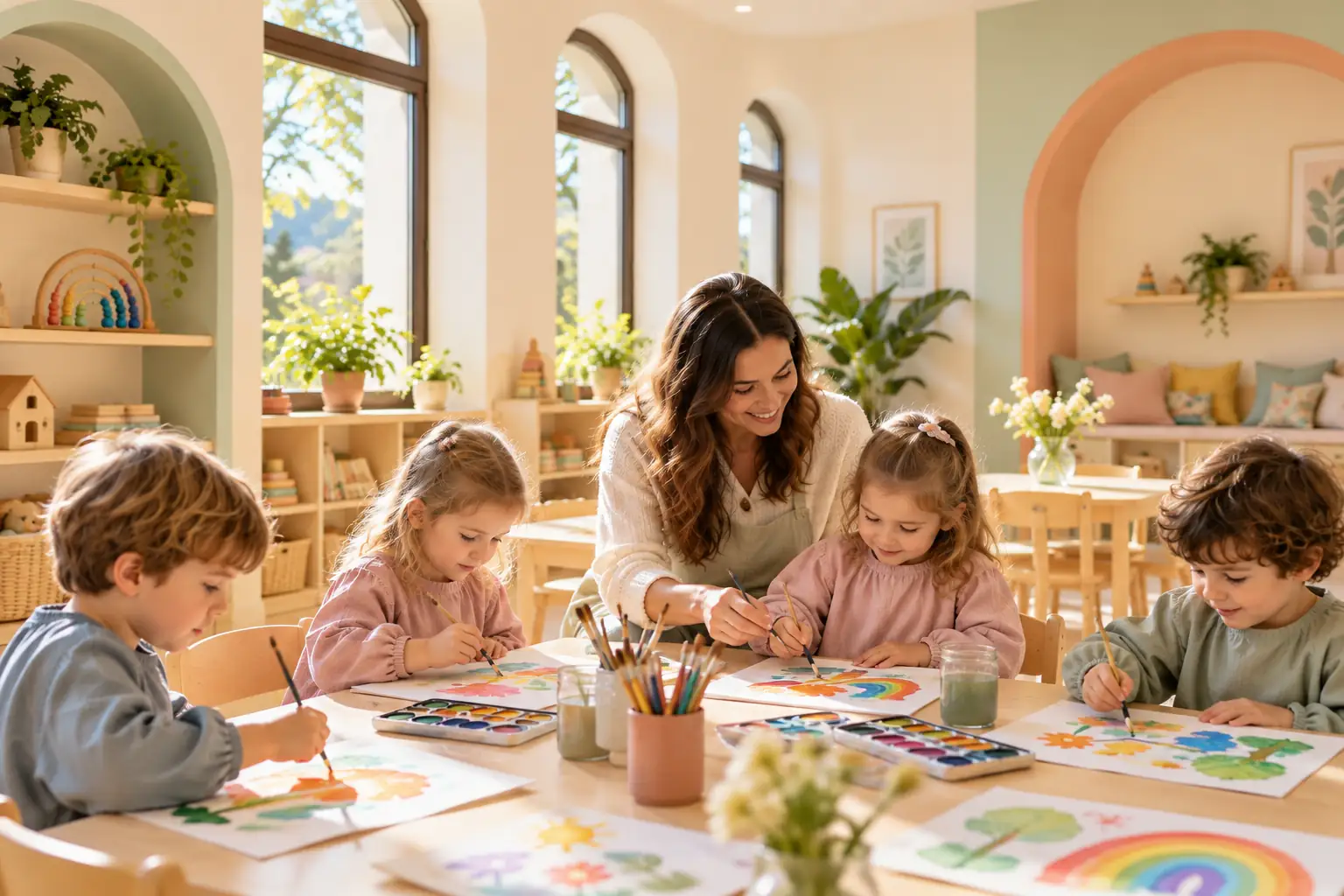 Copii care pictează la masă, împreună cu educatoarea