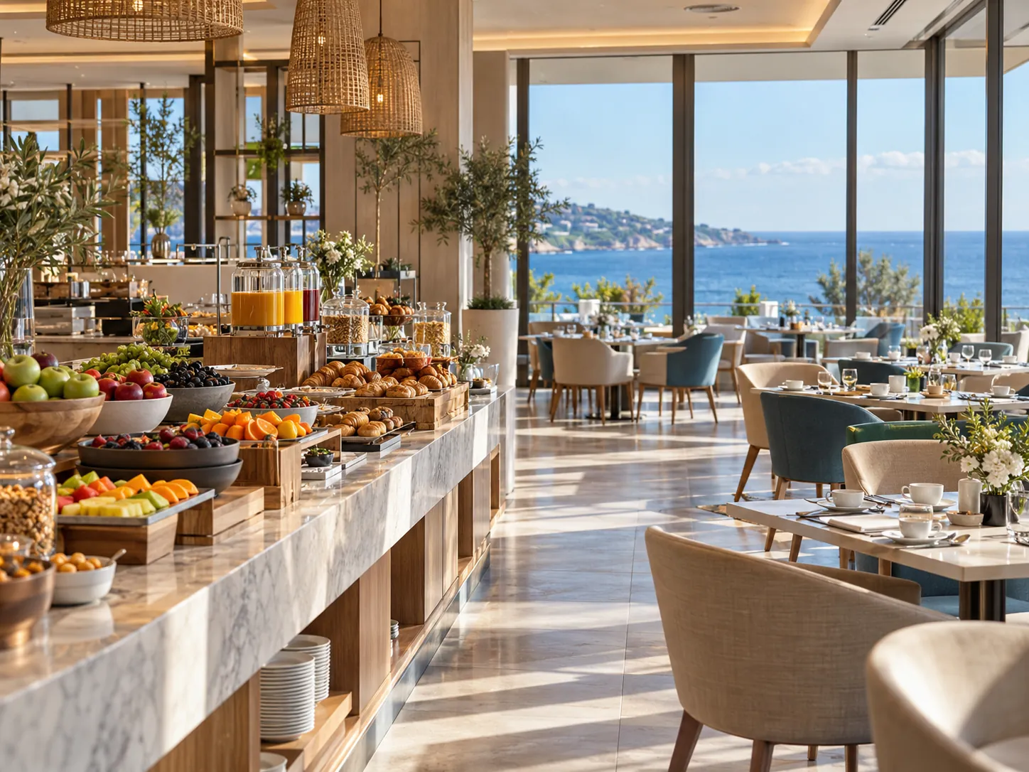 Restaurantul hotelului, cu bufetul de mic dejun și vedere spre mare