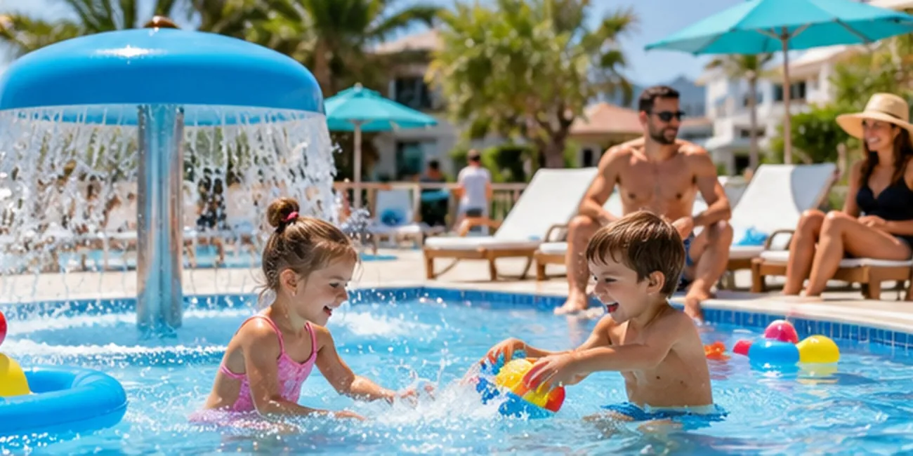 Copii care se joacă în piscina pentru copii, cu fântână