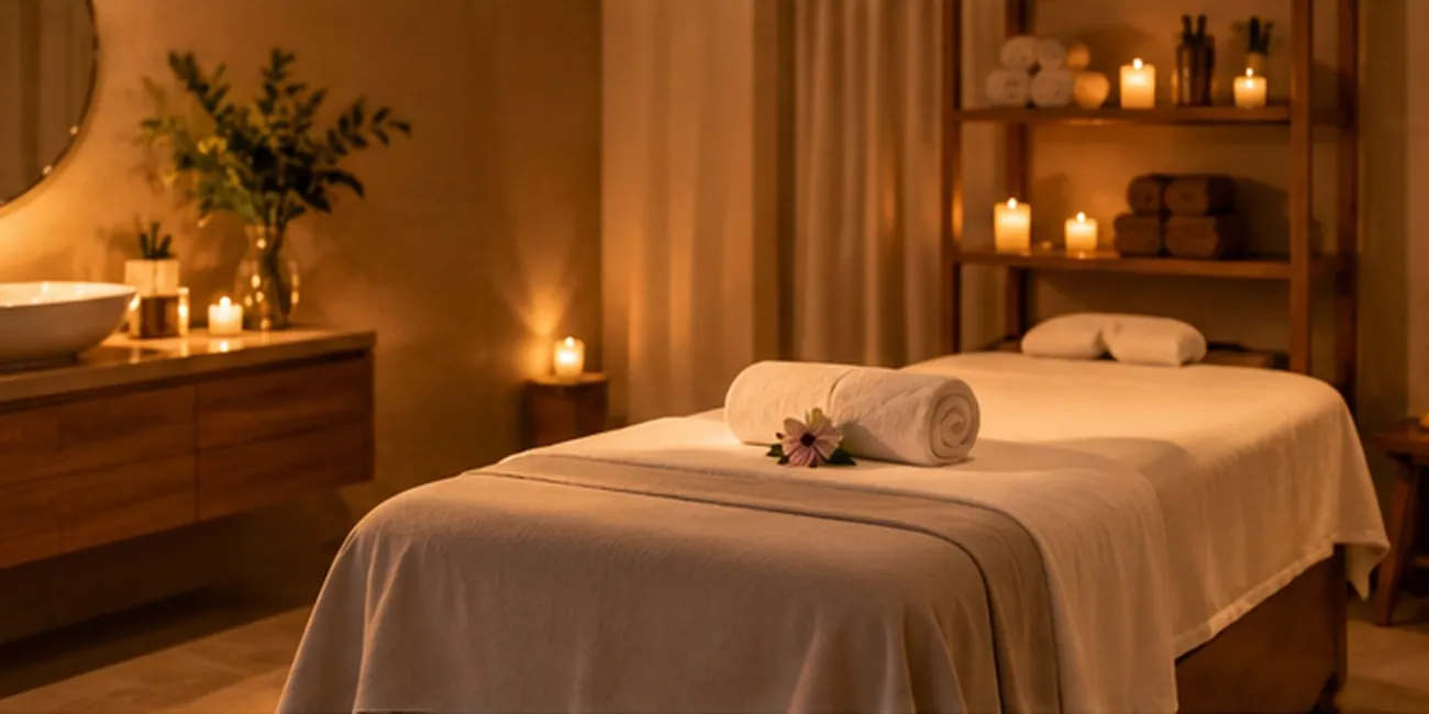 Cabina de masaj din spa, cu lumină caldă și lumânări