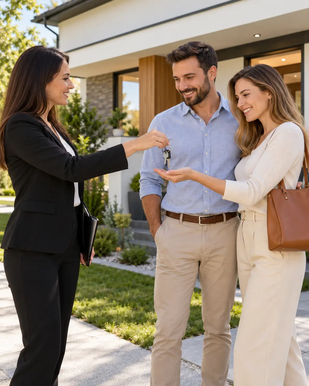 Agentă imobiliară care predă cheile unui cuplu, în fața casei