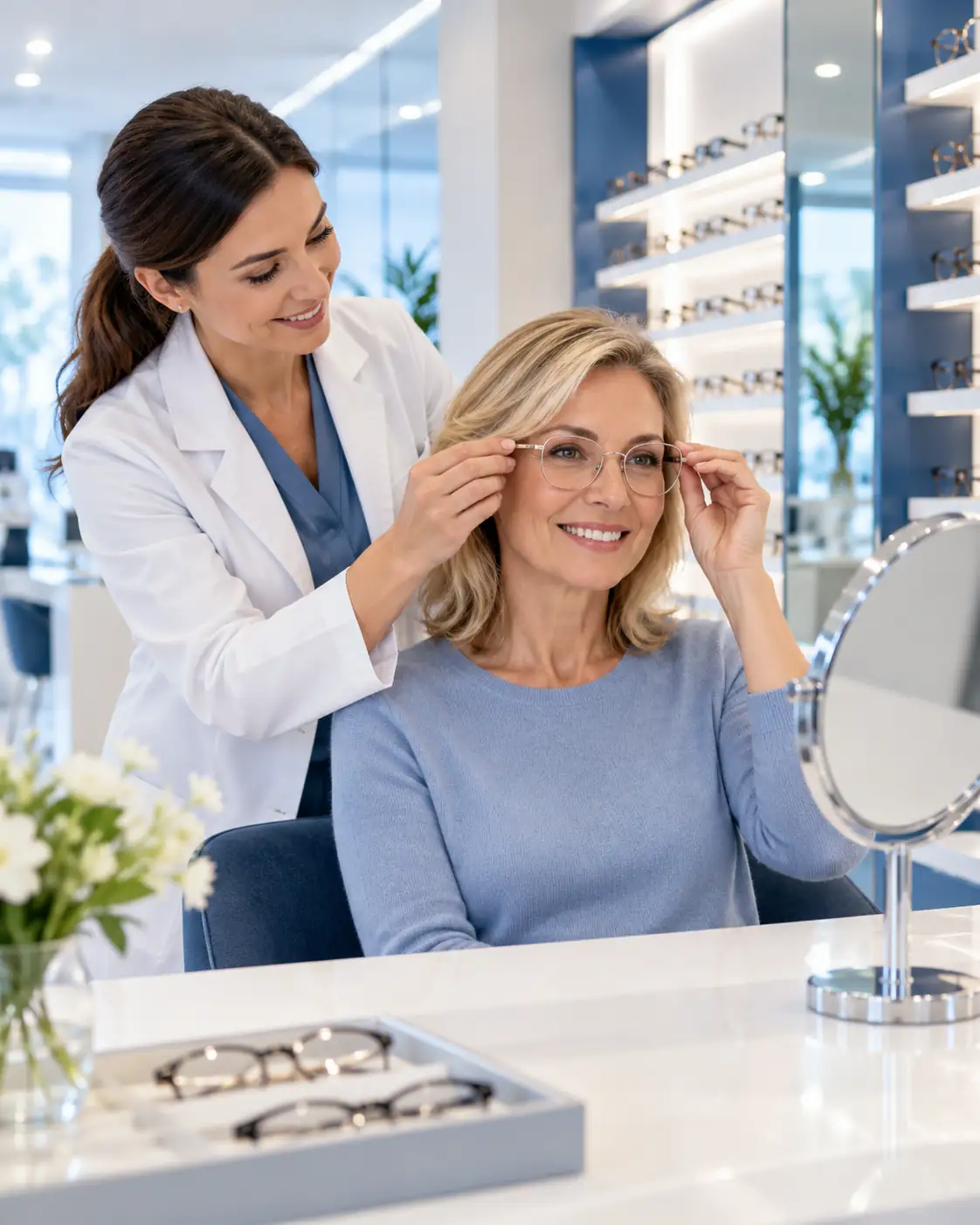 The consultant adjusting a frame on a customer’s face