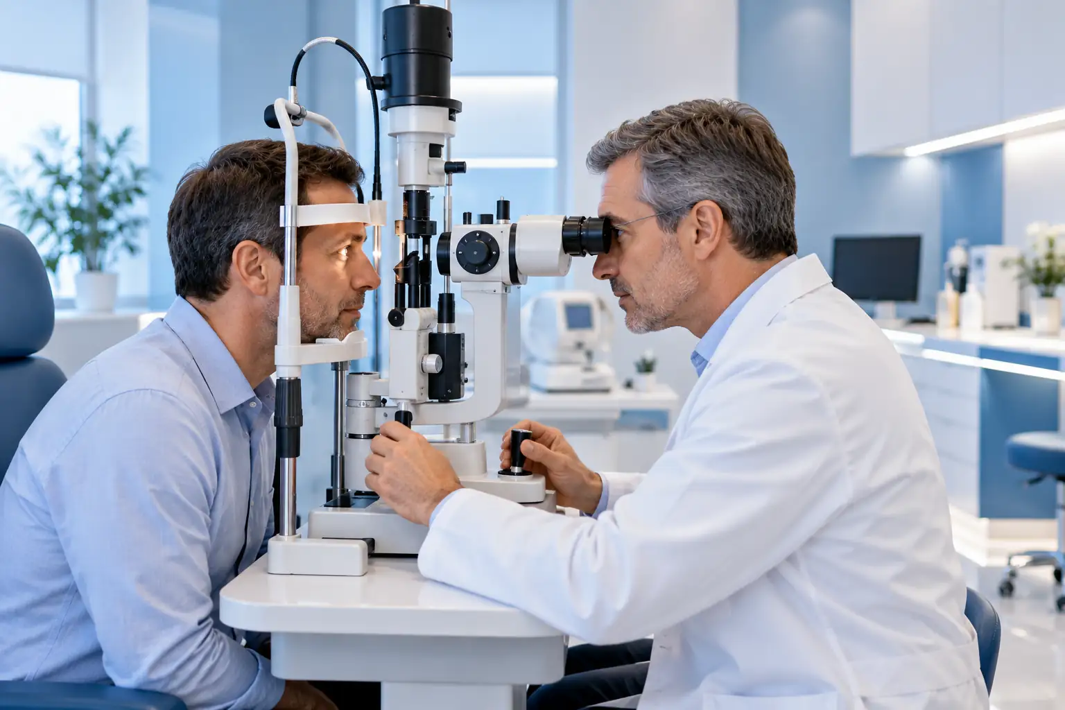 The doctor examining a patient at the slit lamp