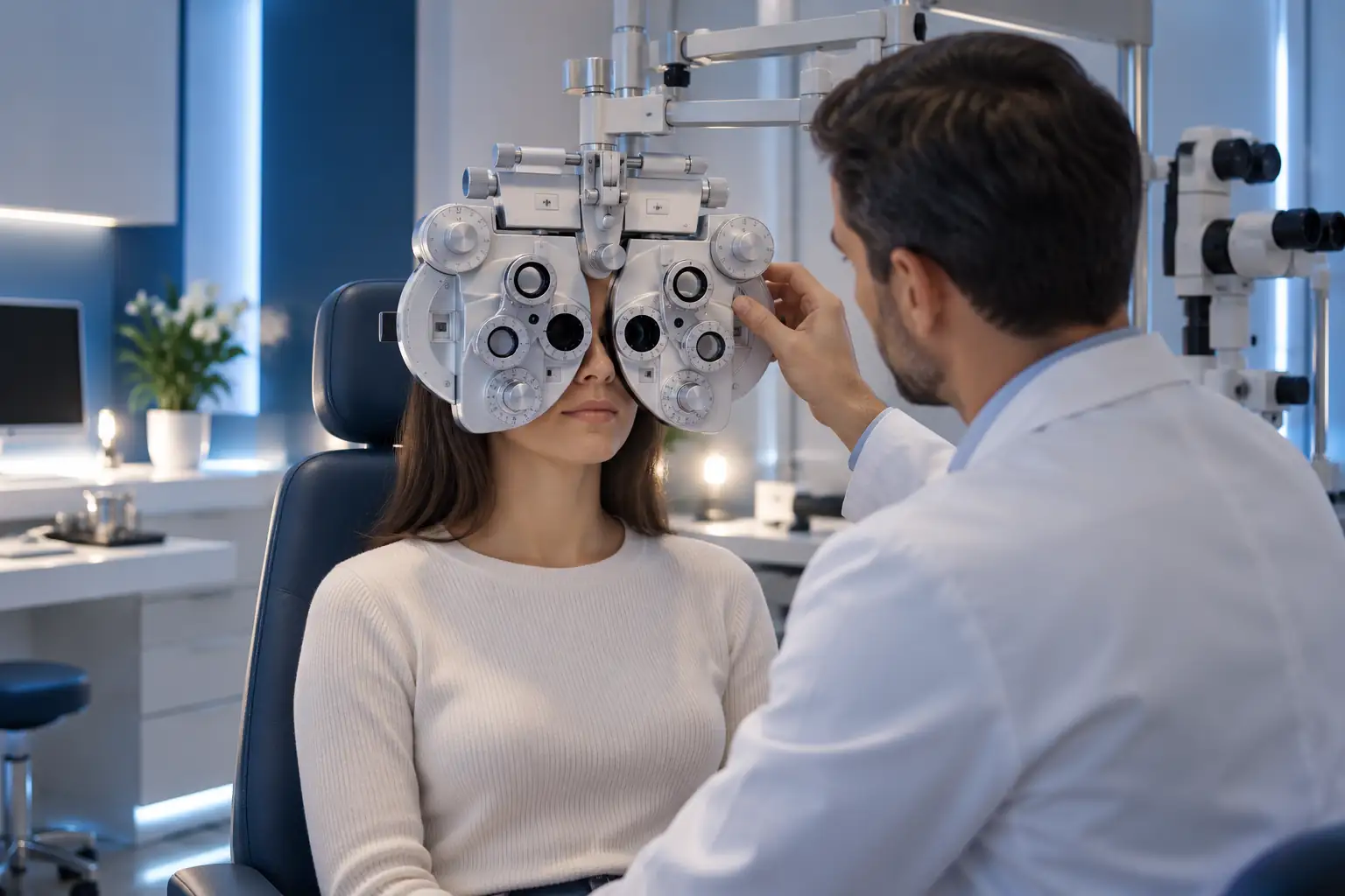 The optometrist measuring a patient’s vision at the phoropter