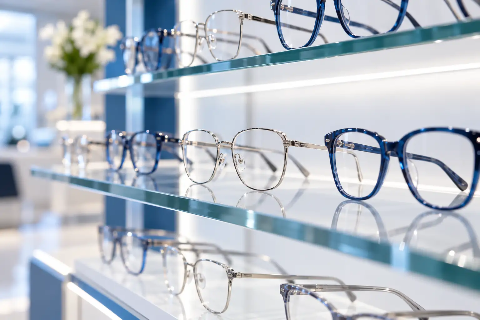 Glass shelves with prescription frames