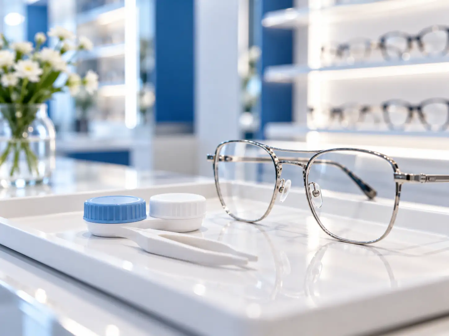 Contact lenses and a metal frame on the counter