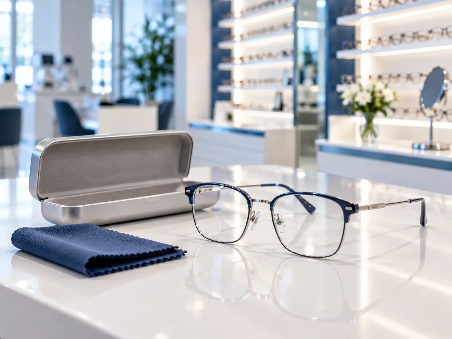 A glasses case, a cloth and glasses on the counter
