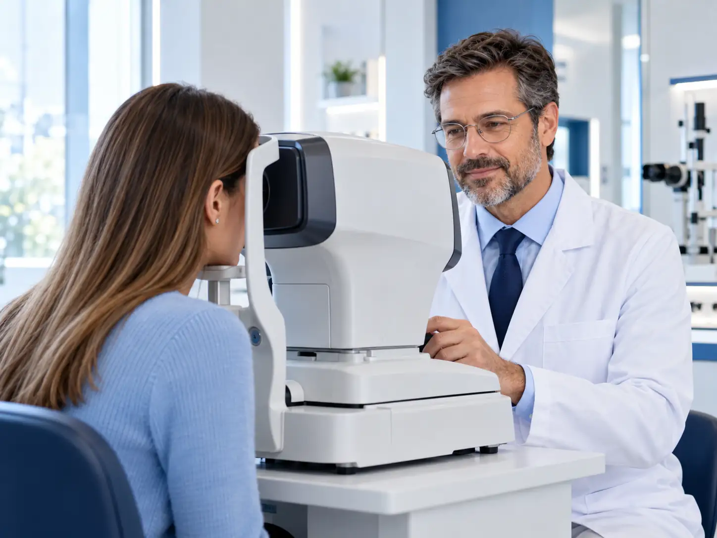 A patient at the autorefractor, with the optometrist