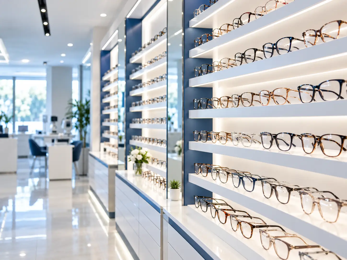 A long wall of frames on display, near the entrance