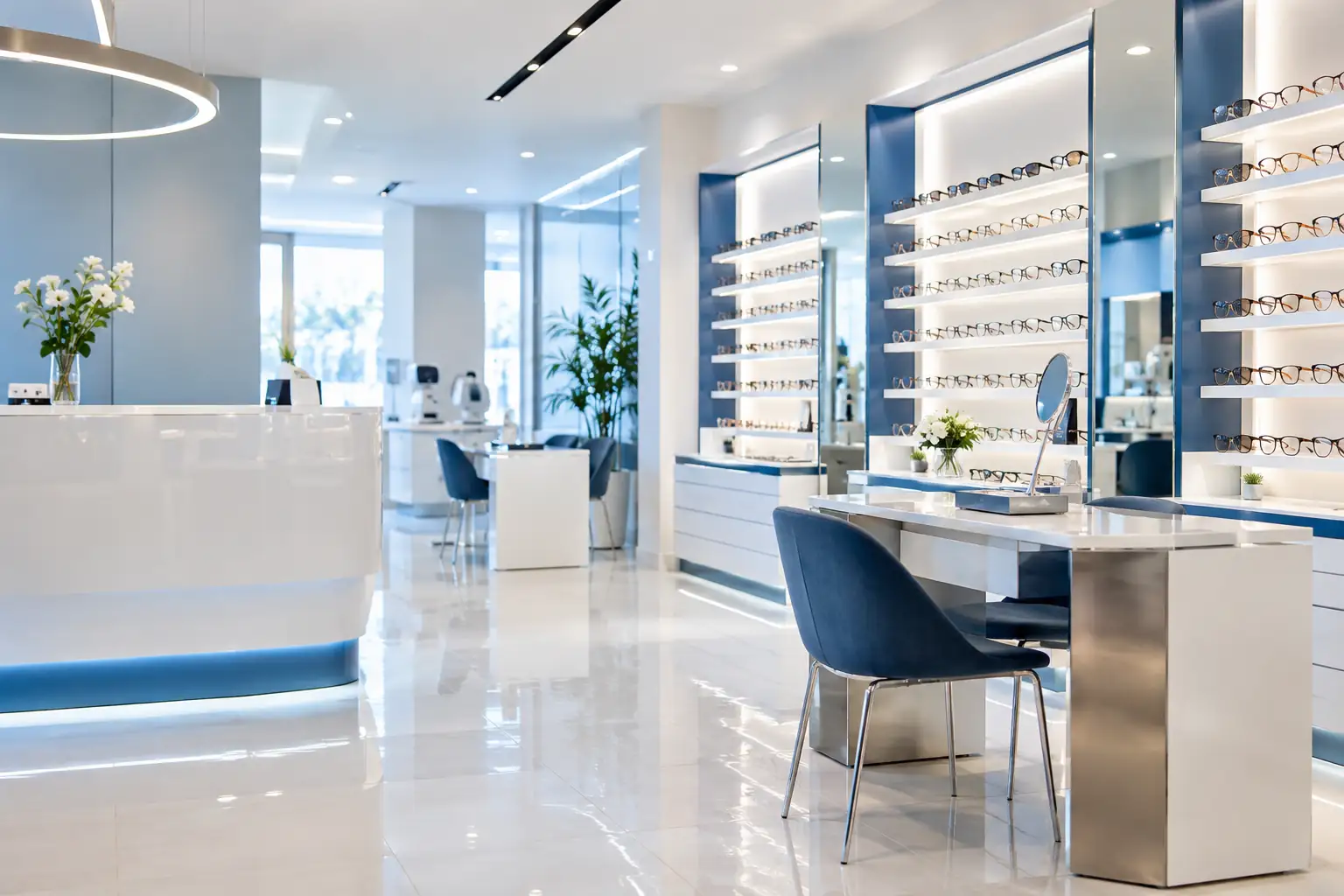 The optician’s shop, with lit shelves of frames and a white reception