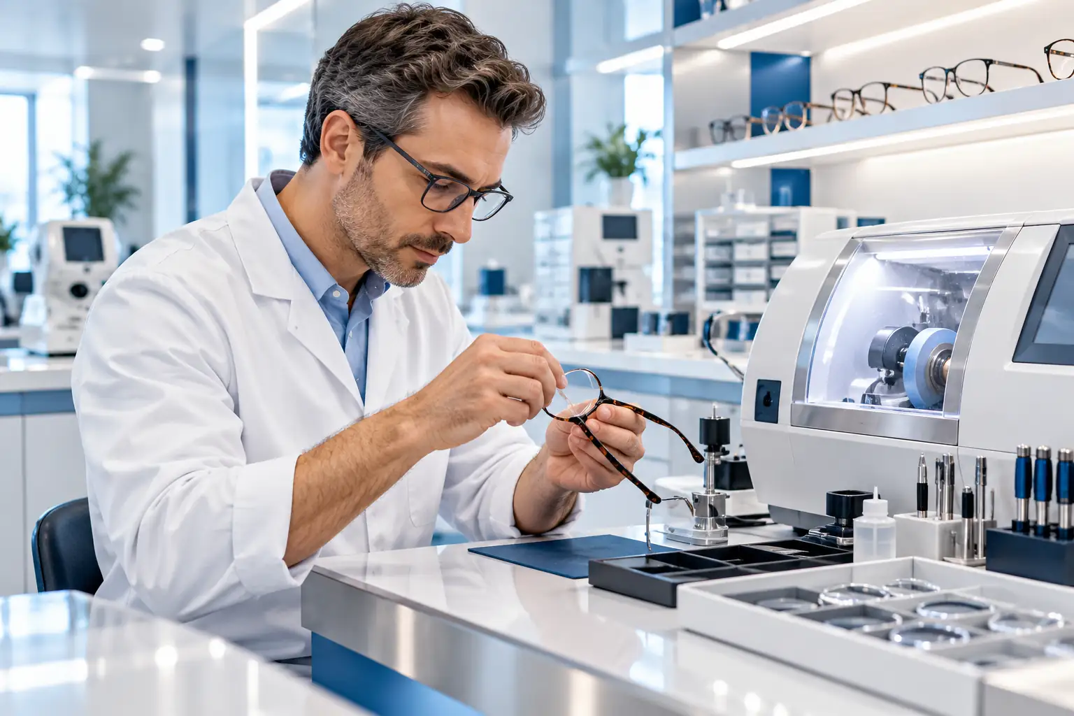 The technician fitting lenses in the workshop