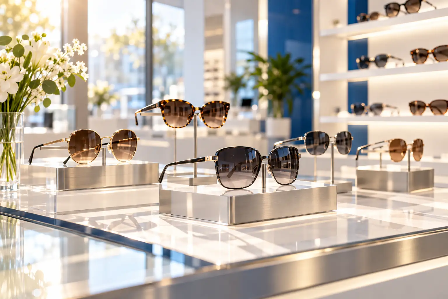 Sunglasses displayed on stands