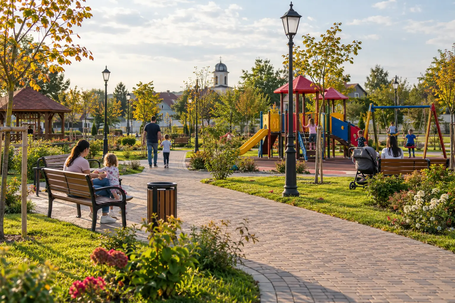 Parcul central, cu alei, bănci și loc de joacă